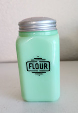 Vintage 1930s McKee Jadeite Small Box Green Glass FLOUR Shaker Jadite Uranium picture