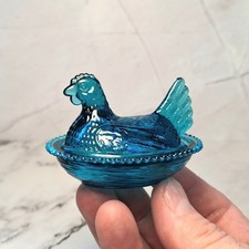 Indiana Style Glass Mini Hen On Nest Chicken Salt Dish, Colonial Blue, VTG Style picture
