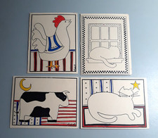 4 VTG Mini Greeting Cards / Gift Tags Village Verses - Folk Art Animals - Blank picture