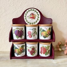Vintage  Portmeirion Botanic Garden Red Wood Spice Rack 6 Spice Herb Jars picture