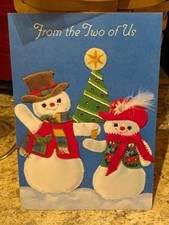 Christmas Card VINTAGE greeting card - used- no envelope- snowman couple picture