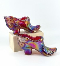 Vintage Mosser Glass Red Carnival Bow Scroll Slipper Shoes Pair Iridescent #109 picture