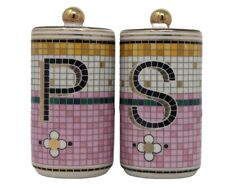 Anthropologie Pair Of Bistro Garden Tile Salt & Pepper Shakers - Pink  picture