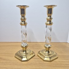 Vtg Lucite Brass Candlestick Holders Pair Twisted Octagon Base Hollywood Regency picture
