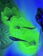 Westmoreland 6 Uranium Green Glass Lotus / Tulip Salt Cellars & Sterling Spoons picture