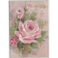 Vintage 1967 Hallmark Mother's Day Card To My Wife Pink Roses Gold picture