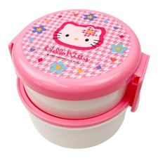 Hello Kitty 2 Tier Round Bento Lunch Box Pink Houndstooth Flower Food Japan picture