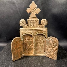 Ethiopian Coptic Triptych Icon Bronze Religious Folk Art Cross Africa picture