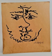 PABLO PICASSO,HANDMADE INK DRAWING  ON OLD CARDBOARD,  SIGNED, STAMPED  picture