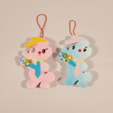 Vtg Easter Bunny Rabbits Blue Pink Foam Ornaments Flocked RARE picture