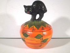 Vintage Halloween Paper Mache Pulp Black Cat on Orange Pumpkin Candy Box picture