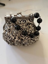 Vintage Beaded Evening Clutch Bag with Black Floral Embroidery and Satin Lining picture