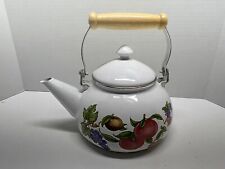 Vintage Enamel Tea Water Kettle Hand Painted Fruit Large Stovetop Cream Wood picture