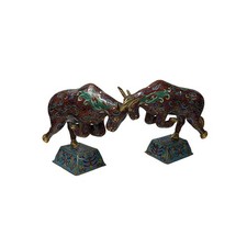 Pair Vintage Chinese Cloisonne Enamel Crimson Red Dynamic Bull Figures GB852 picture