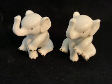 Lenox Set of 2 Elephant Sitting Trunk Raised Up Figurine Off White, Gold Trim picture