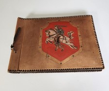 Vintage Leather Scrapbook Photo Album W/ Some Antique Photos Medieval Cover picture