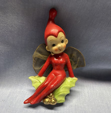 Sonsco Japan Pixie Elf Figurine Red Sitting On Holly Leaf Mid Century Christmas picture