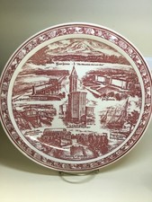 Vernon Kilns Seattle Washington plate~Evergreen Playground~artist signed~maroon picture