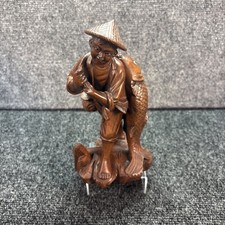 Vtg~Hand Carved Wooden Ashian Fisherman Figurine~8