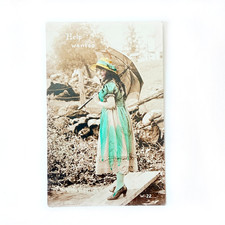 RPPC Pretty Girl Blue Dress & Parasol ~ Hand-Colored picture