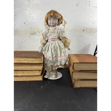 Vintage 15 Inch Porcelain Doll creepy Victorian Floral Lace Dress w/ Stand picture
