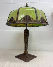 Antique bronze patinated cast iron green slag stained glass electric table lamp picture