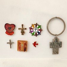Vintage Catholic 4-Way Cross Keychain & Lapel Pin Lot - 7pc Church Medal Italy picture