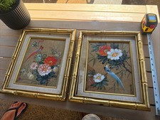 Pair Vintage China Bird Floral Prints Gold Faux Bamboo Frames picture
