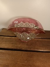 Vintage Pressed Clear Glass Bowl, Ruby Flashed Band & Base, Pulled Edges picture