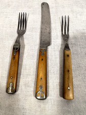 Antique 1800s Bone Handle Flatware Pewter Inlay Knife Forks Victorian 3 Pc Lot picture