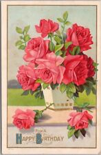Vintage HAPPY BIRTHDAY Greetings Postcard Pink Roses on Window Sill / Dated 1914 picture