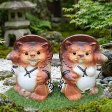 Shigaraki Ware Shisa Tanuki Pair Set Statue Pottery Lucky Charm Japan NEW picture