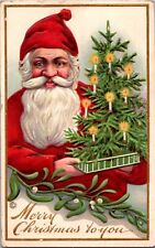 Antique Christmas Postcard Santa Red Coat Hood Smile Mini Candlelit Tree 519 picture