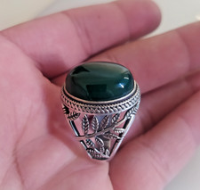 BiG Ancient Victorian Sterling Silver Ring Engraved Natural Green Jade Size 11.5 picture