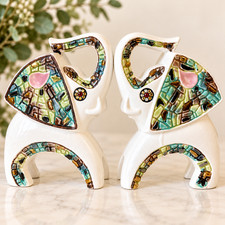Vintage MCM Ceramic Elephant Planters Pair Lot of 2 Mosaic Rhinestone Eyes 8