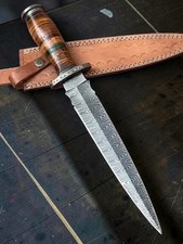 Custom Handmade Damascus Steel 15 Inches Dagger Knife - Leather Handle w Brass picture