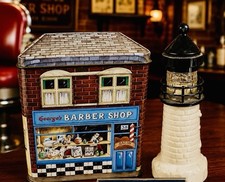 Vintage George’s Barber Shop Tin & Old Spice Lighthouse Decanter Display Set picture