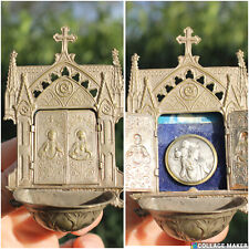 Antique French miniature metal neo gothic chuch holy water font joseph mary picture