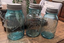 3-Vintage Aqua Blue Ideal and Perfect Mason jars.Quart with Zinc Lids. #3 #6 #10 picture