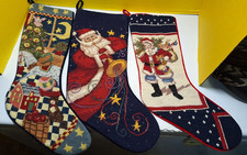 Vtg Wool Needlepoint Christmas Stockings Lot 3 Santa Nutcracker Velvet Backing picture