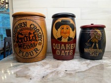 3 Painted Canisters Teresa L. Adams - Gold Medal Flour, Morton Salt, Quaker Oats picture