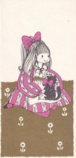 Vintage Girl Black Cat Greeting Card Gold Foil Mid Century Retro Kitsch picture