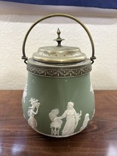 Antique c1878 Wedgwood Green Jasperware Victorian Biscuit Barrel Metal Lid picture