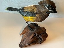 Vintage Hand Carved Wood Cedar Waxwing Bird Sculpture - Signed 