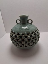 Vintage Korean Celadon Reticulated Double Wall Vase Openwork Ponghak Kiln Signed picture