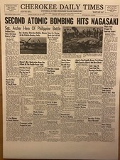 VINTAGE NEWSPAPER HEADLINE ~WORLD WAR 2 U.S. DROPS 2nd ATOMIC BOMB NAGASAKI 1945 picture