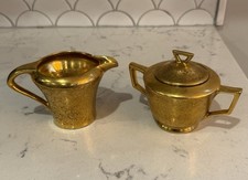 Vintage Stouffer Creamer & Sugar Set Floral Etched Gold Plated All Over picture