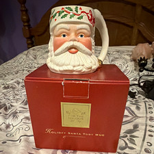 Lenox Holiday Santa Toby Mug Christmas Holly Pattern Ceramic White Red Green picture