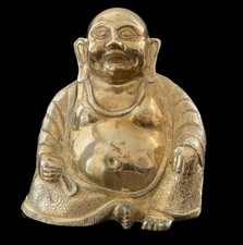 Vintage Laughing Buddha Statue Figure Sitting Ornate Etched Brass Large 8x8x5 picture