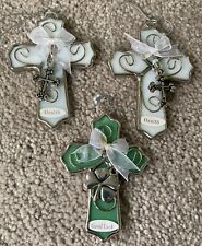 3 Ganz Stain Glass Cross Ornaments Health White Good Luck Green picture